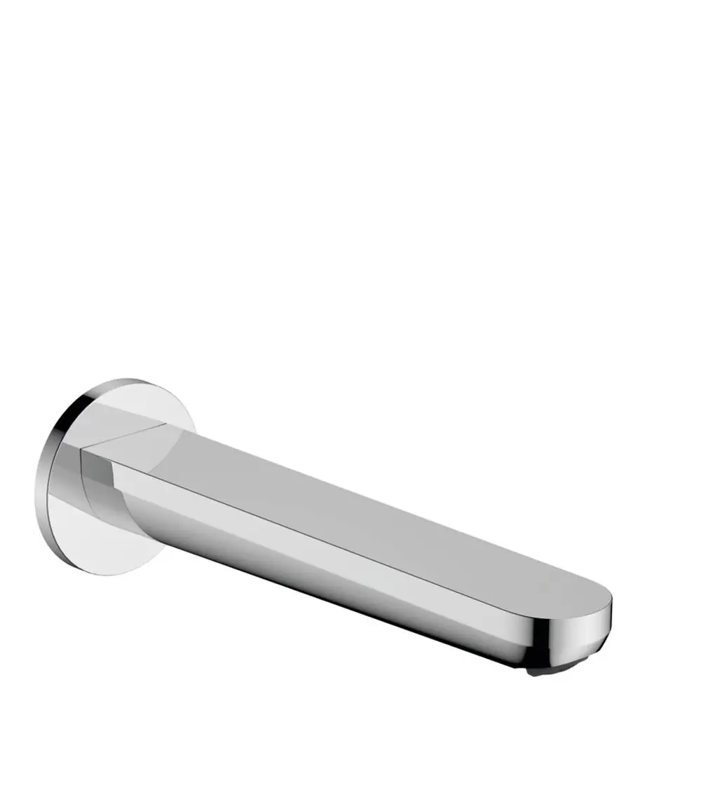 Chromfarbener Wanneneinlauf von Hansgrohe, mit einer schlichten, flachen Ausführung und einer runden Wandmontage.
